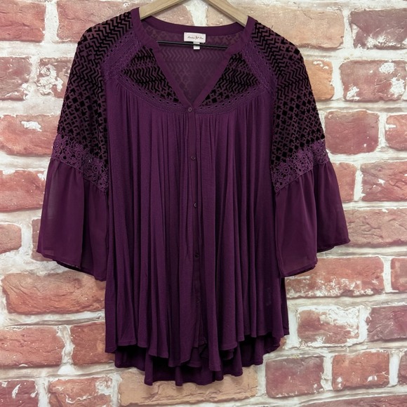 Anthropologie Meadow Rue Tunic Top Women's L Purple Boho Velvet Burnout Shirt - Picture 2 of 9
